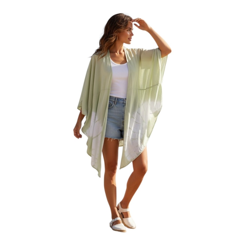 Mustard Seed Women's S Tie-dyed Green And White Oversized Swim Cover‎ Up Kimono